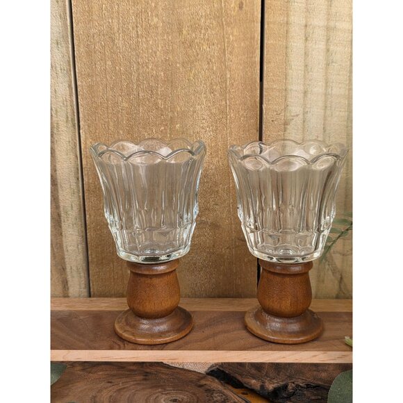 Vintage Glass Candle Holders With Wooden Bases - Elegant Scalloped Design - Perf - Picture 4 of 10